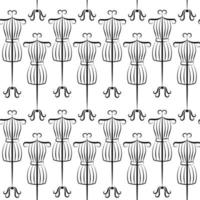 Sewing mannequins seamless pattern. Vector black and white background. Repeat illustration of vintage mannequin model