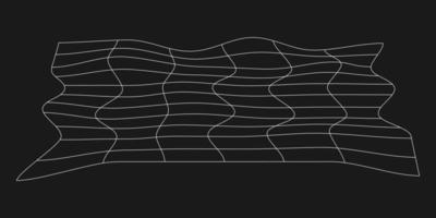 Cyber distorted grid, retro punk design element. Wireframe wave geometry grid on black background. Vector illustration.