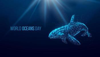 World oceans day. Wireframe glowing low poly Orca whale. Design on dark blue background. Abstract futuristic vector illustration.