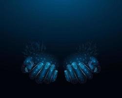 Two human hands are holds heart. Wireframe glowing low poly heart. Design on dark blue background. Abstract futuristic vector illustration.