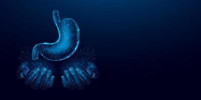 Two human hands are holds human stomach. Concept for medical, treatment of the digestive system.  Abstract modern 3d vector illustration on dark blue background.