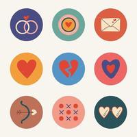 Set of colored icons for valentine's day. Glasses, hearts, bow, rings, plate. Round icons on a light background.