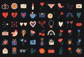 conjunto de iconos de colores para el día de san valentín. flores, corazones, sobres, labios, regalos, dulces, chocolate. iconos redondos sobre un fondo negro. vector