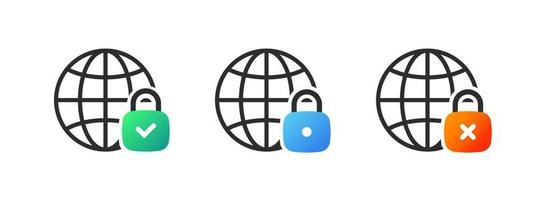 Globe earth icons with locks. Globes icons. Lock icons. Vector illustration