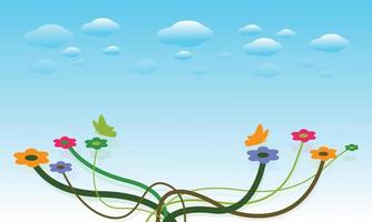 Line cute flower vector illustration design with cloud and sky