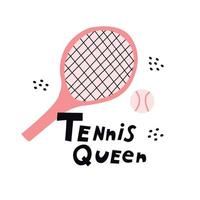 Tennis Queen pink tennis racquet and ball doodle style flat illustration. vector