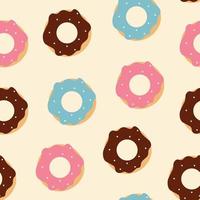 donuts con patrones sin fisuras de diferentes colores sobre fondo claro para cafetería y restaurante, panadería. vector