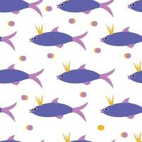 Princess fish seamless pattern, flat style stylized fish with crown on white background, fun repeating background vector