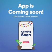 Mobile app coming soon. App is coming soon stay tuned and follow for more. Mobile application launch announcement post with plants and colorful decoration on blue background.