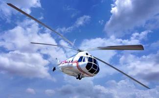 KAMCHATKA, RUSSIA - JULY 16, 2023 - helicopter in the blue sky with clouds. Selective focus photo