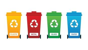 Recycling bins. Yellow, red, green, and blue recycling bins. Plastic, glass, metal, and paper recycling bins. vector