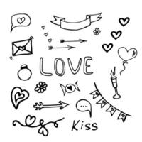 conjunto de elementos de doodle del día de san valentín. ilustración vectorial romántica dibujada a mano. elementos de diseño vector