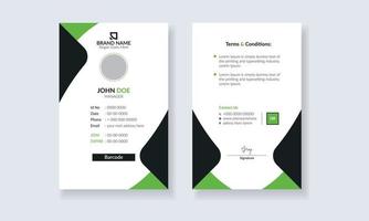 diseño de tarjeta de identificación de empleado de empresa corporativa. documento de identidad para el personal de su oficina. tarjeta de identificación creativa ordenada y limpia con color verde. diseño realista simple. vector