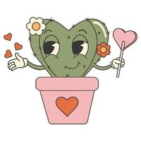 Retro groovy valentines day sticker. Cute cactus character. 70s 60s cartoon aesthetics vector