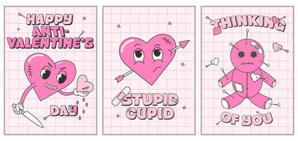 Trendy y2k anti valentines day card, poster set. 2000s anti valentines day conception. Cartoon characters. vector