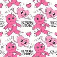 Trendy y2k anti valentines day seamless pattern. 2000s anti love conception. Vodoo doll and heart. Cartoon characters. vector