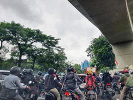 Jakarta, Indonesia in July 2022. There is a traffic jam under the Becakayu Toll Road photo