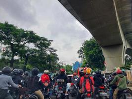 Jakarta, Indonesia in July 2022. There is a traffic jam under the Becakayu Toll Road photo