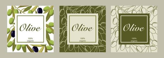 colección vectorial de tres cartas con aceitunas negras y verdes. diseño para aceite de oliva, envases de aceitunas, cosmética natural, productos sanitarios vector