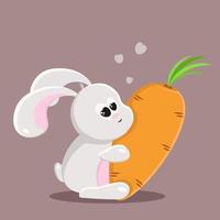 Hugs of a white rabbit with a carrot. Orange Love. Vertical. Vector. Postcard. vector