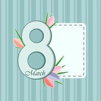 Turquoise World Women s Day card template with a vertical stripe with a space for notes and the number eight. Multicolored tulips in paper style. Vector. Square. Postcard. vector