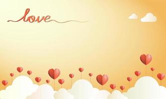 Yellow background with clouds and hearts growing out of the ground. An inscription of love. Vector. Horizontal vector