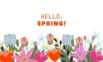 Hello spring banner. Season vocation, weekend, holiday logo. Spring Time Wallpaper. Happy spring Day. Spring vector Lettering text. Fashionable styling. Flower vector.