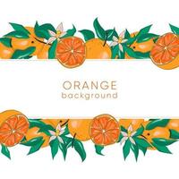 Botanical background with oranges, branches, leaves and flowers. Card template. Vector EPS10