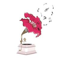 gramophone with flower of nasturtium and musical notes in flat technique vector