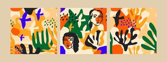 3 estampados sin costuras inspirados en matisse. diseño brillante, elementos especiales que recuerdan el estilo de un artista destacado hacen que estos patrones sean verdaderamente notables y únicos. vector