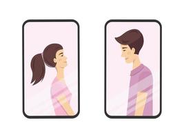 Long distance relationships. Video communication. Valentine day concept. Romantic couple in love talking by phones. Young smiling woman looks at a man. vector