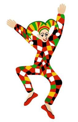 Harlequin, one of the principal characters of traditional italian comedy. Commedia dell'arte. Vector isolated illustration.