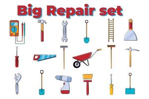 Big set of construction tool icons for home repair and garden tools hammer, screwdriver, shovel, rake, saw, brush, wrench, cart. Editable vector illustration