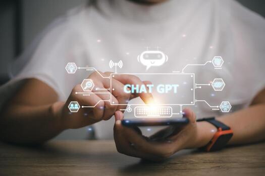 ChatGPT Chat with AI or Artificial Intelligence. Business chatting with a smart AI or artificial intelligence using an artificial intelligence chatbot developed by OpenAI. photo