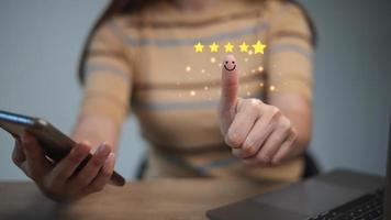 Customer satisfaction concept. Hand with thumb up Positive emotion smiley face icon and five star with copy space. photo