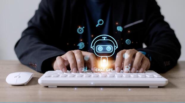 ChatGPT Chat with AI or Artificial Intelligence. woman chatting with a smart AI or artificial intelligence using an artificial intelligence chatbot developed by OpenAI. photo