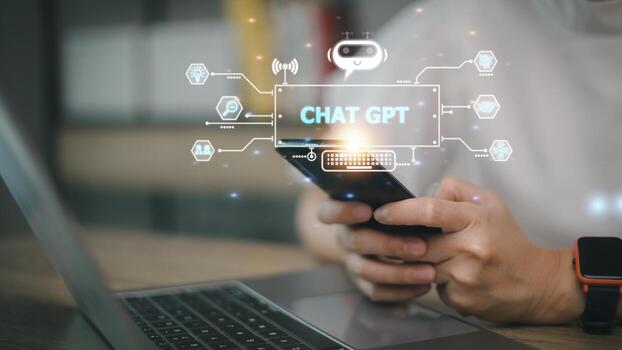 ChatGPT Chat with AI or Artificial Intelligence. Business chatting with a smart AI or artificial intelligence using an artificial intelligence chatbot developed by OpenAI. photo