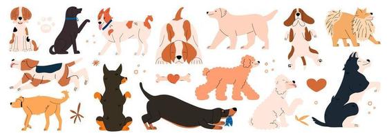 Dogs pose emotion pattern. Set of cute different breeds of animals. Set of cute different breeds of animals. Collection of funny portraits of active characters. Vector illustration in flat style