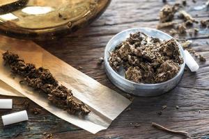 Close up of marijuana, Cannabis Indica on wooden background. photo