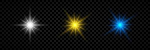 Light effect of lens flares. Set of three white, yellow and blue glowing lights starburst effects with sparkles. Vector illustration