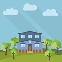 Lone two-storey house in a field with an green tree. Vector illustration.