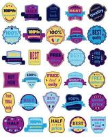 Set of Thirty Vector Badges with Ribbons. Web stickers and labels. Isolated vector illustration.