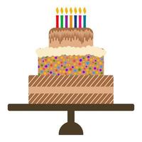 Sweet birthday cake with seven burning candles. Colorful holiday dessert. Vector celebration background.