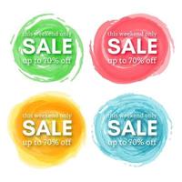 Set of Four Sale this weekend only up to 70 off sign with shadow over red watercolor spot. Vector illustration