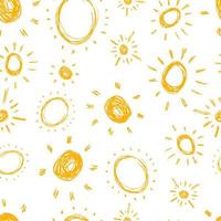 Hand drawn sun. Seamless pattern of simple sketch sun's. Solar symbol. Yellow doodle isolated on white background. Vector illustration.