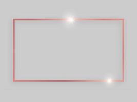 Shiny frame with glowing effects. Rose gold rectangular frame with shadow on grey background. Vector illustration
