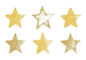 Set of six hand drawn stars with gold glitter effect. Rough star shape in doodle style with gold glitter effect on white background. Vector illustration