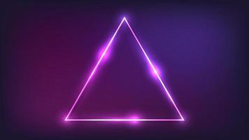 Neon triangular frame with shining effects on dark background. Empty glowing techno backdrop. Vector illustration.