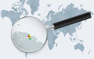 World map with a magnifying glass pointing at Guyana. Map of Guyana with the flag in the loop. vector