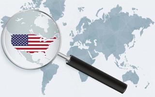 World map with a magnifying glass pointing at USA. Map of USA with the flag in the loop.
